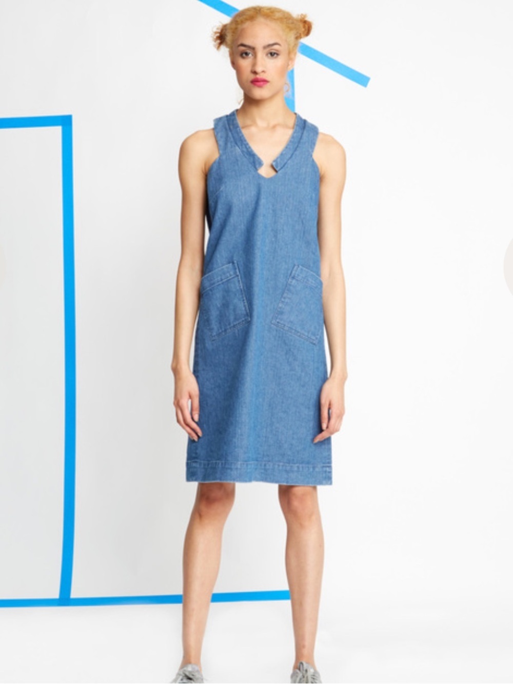Carleen Diamond Neck Blue Denim Dress Small Sleeveless Cotton Casual